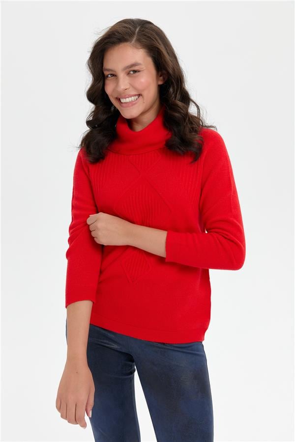 Kadın Degaje Yaka Dikişsiz Önü Selanik Yün Kazak Mercan