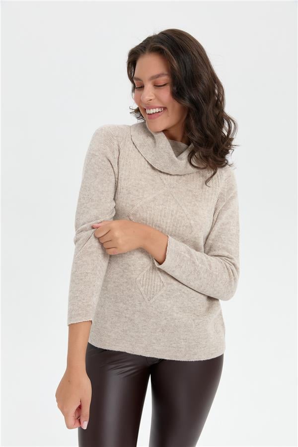 Kadın Degaje Yaka Dikişsiz Önü Selanik Yün Kazak V.Bej