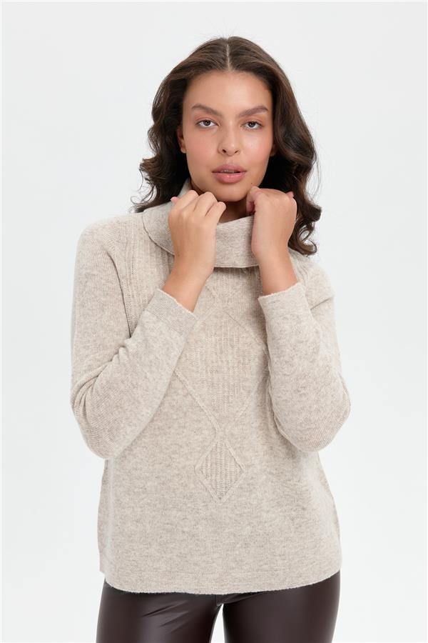 Kadın Degaje Yaka Dikişsiz Önü Selanik Yün Kazak V.Bej