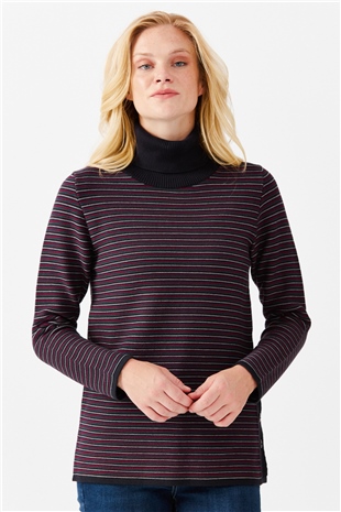 Женская туника в цветную полоску, на пуговицах и одним боковым разрезом, синяя