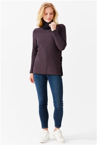 Женская туника в цветную полоску, на пуговицах и одним боковым разрезом, синяя