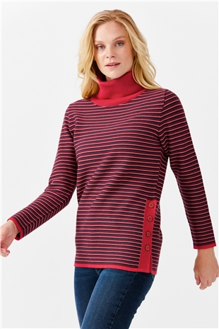 Женская туника в цветную полоску, на пуговицах и одним боковым разрезом, красная