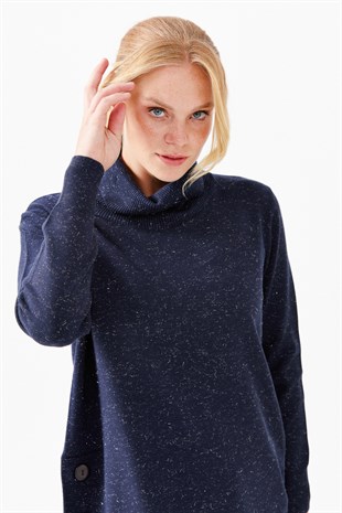 Женская туника с вырезом хомут и люрексом синяя