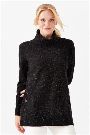Женская туника с вырезом хомут и люрексом черная 