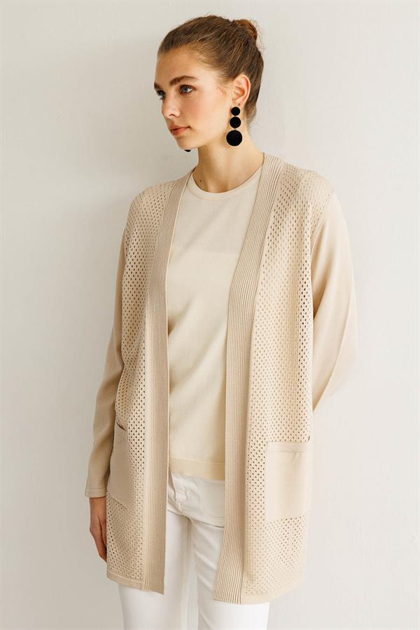 Kadın Delikli Araboy Yazlık Triko Hırka Bej