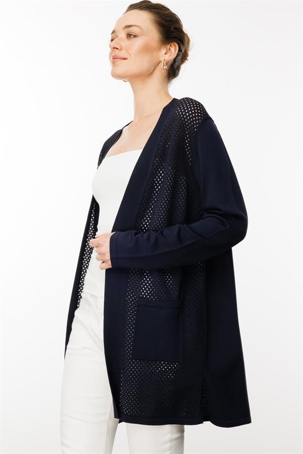 Kadın Delikli Araboy Yazlık Triko Hırka Lacivert