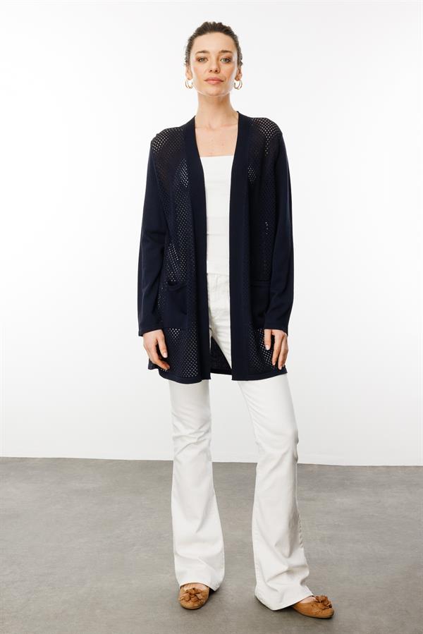 Kadın Delikli Araboy Yazlık Triko Hırka Lacivert