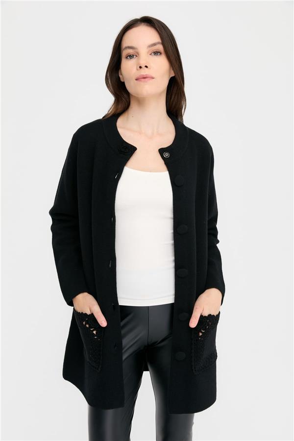 Kadın Dik Yaka Araboy Yün Kaban Siyah