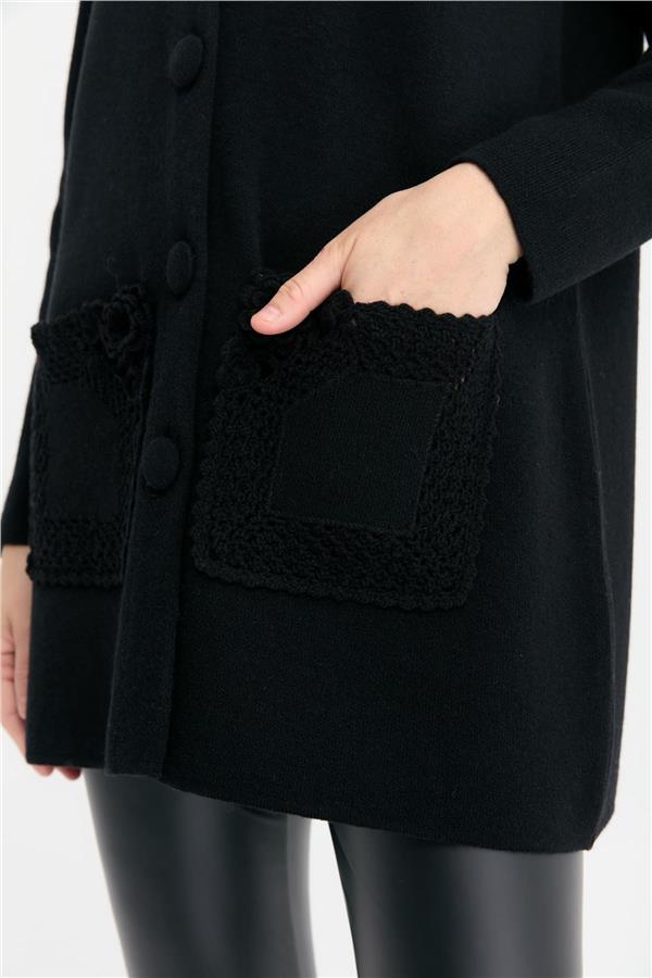Kadın Dik Yaka Araboy Yün Kaban Siyah