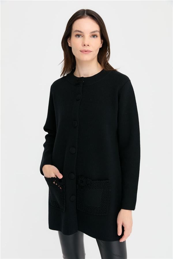 Kadın Dik Yaka Araboy Yün Kaban Siyah