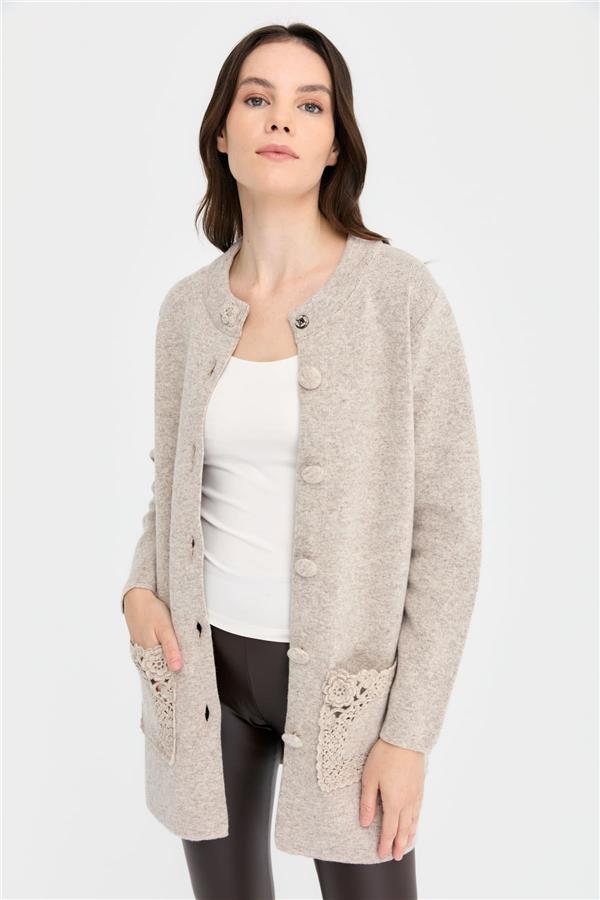 Kadın Dik Yaka Araboy Yün Kaban V.Bej