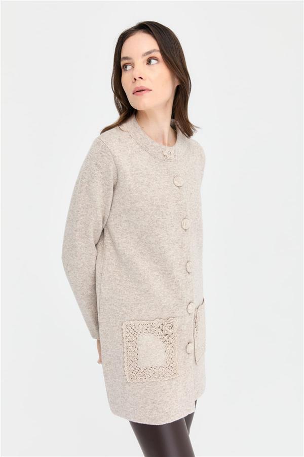 Kadın Dik Yaka Araboy Yün Kaban V.Bej