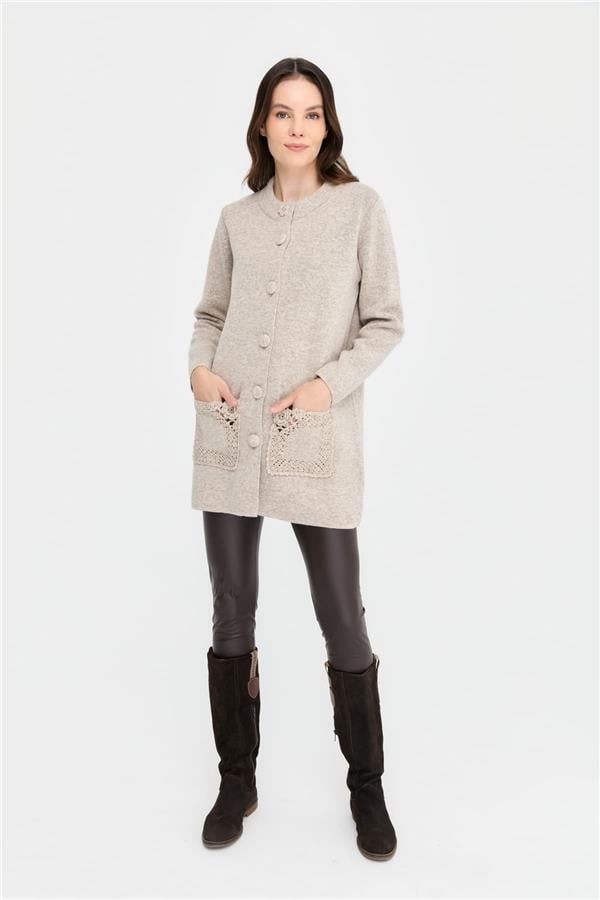 Kadın Dik Yaka Araboy Yün Kaban V.Bej