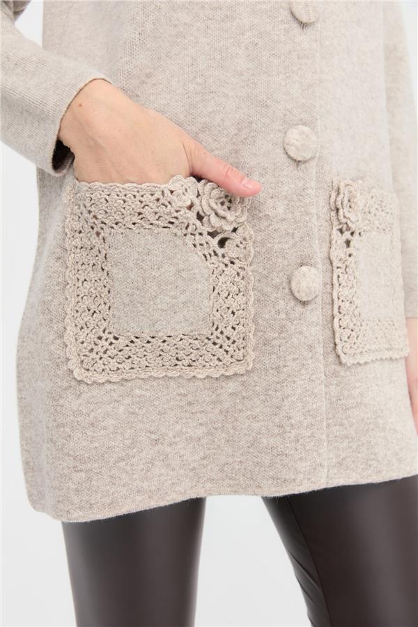 Kadın Dik Yaka Araboy Yün Kaban V.Bej