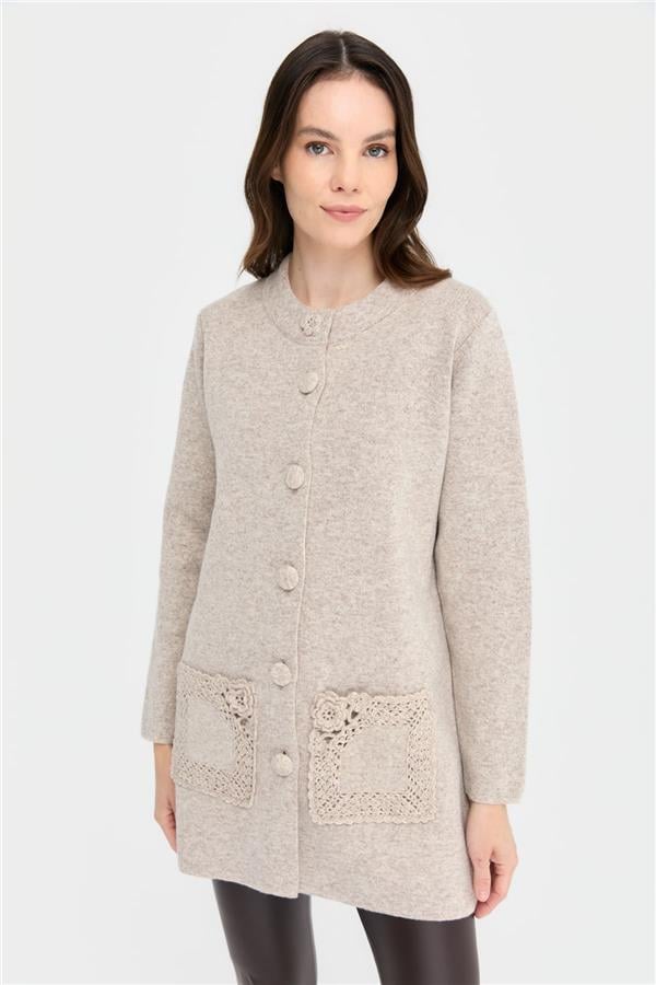 Kadın Dik Yaka Araboy Yün Kaban V.Bej