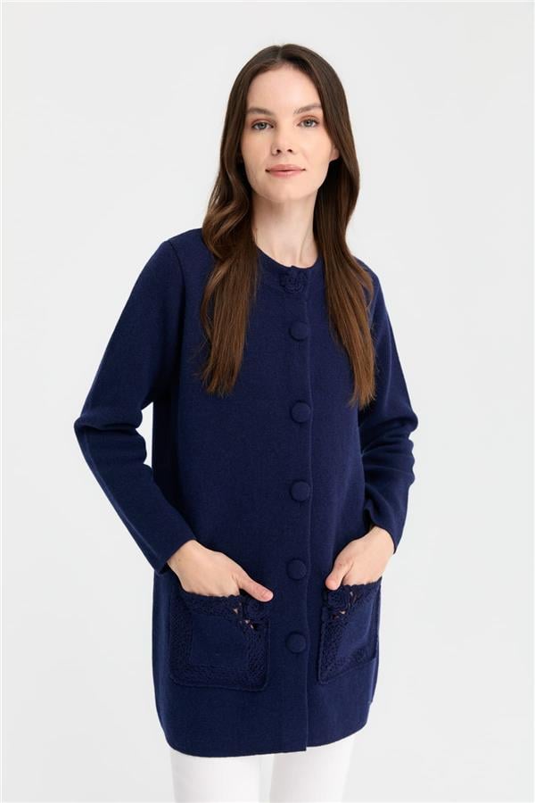 Kadın Dik Yaka Araboy Yün Kaban Y.A Lacivert