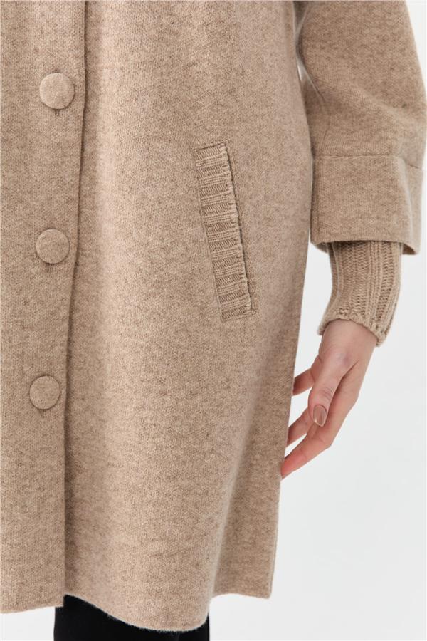Kadın Dik Yaka Basic Uzun Yün Kaban K.Bej