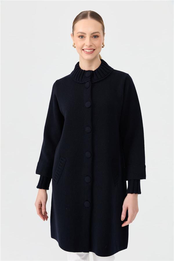Kadın Dik Yaka Basic Uzun Yün Kaban K.Lacivert
