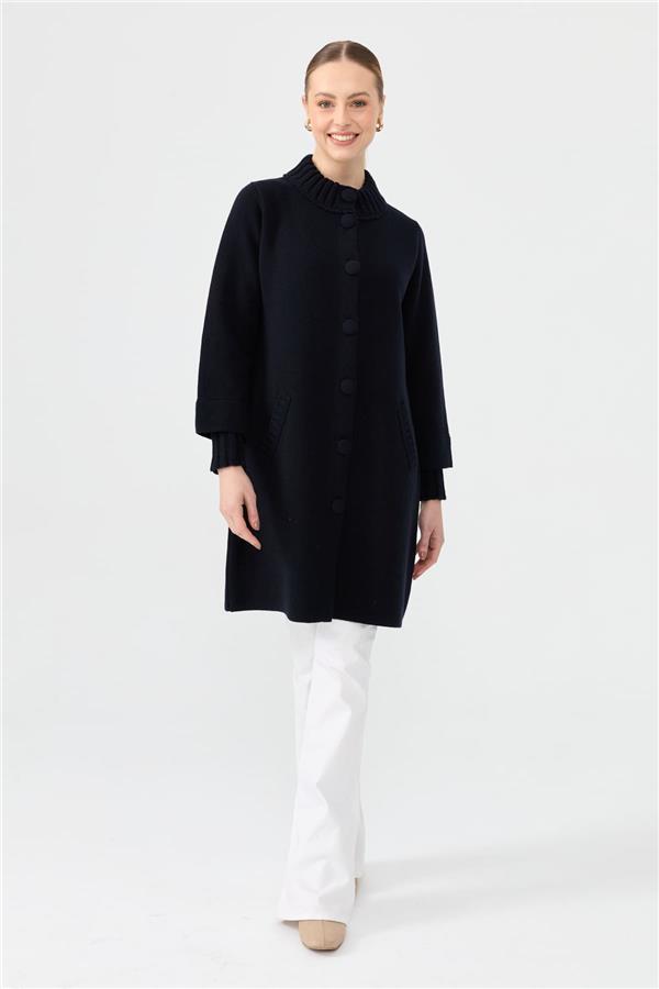 Kadın Dik Yaka Basic Uzun Yün Kaban K.Lacivert