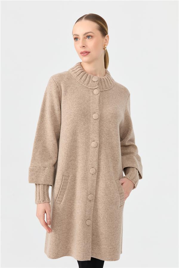 Kadın Dik Yaka Basic Uzun Yün Kaban K.Bej