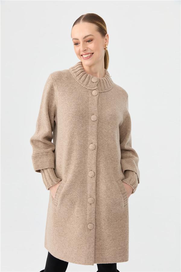 Kadın Dik Yaka Basic Uzun Yün Kaban K.Bej