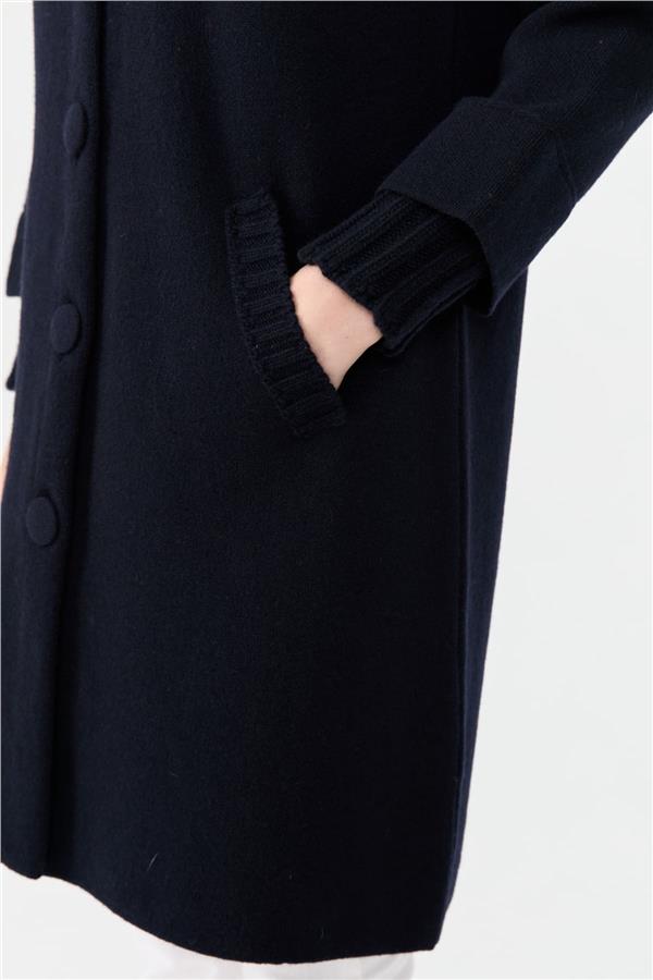 Kadın Dik Yaka Basic Uzun Yün Kaban K.Lacivert