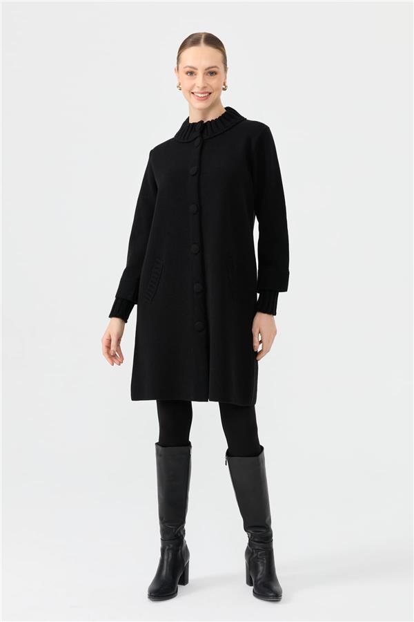 Kadın Dik Yaka Basic Uzun Yün Kaban Siyah