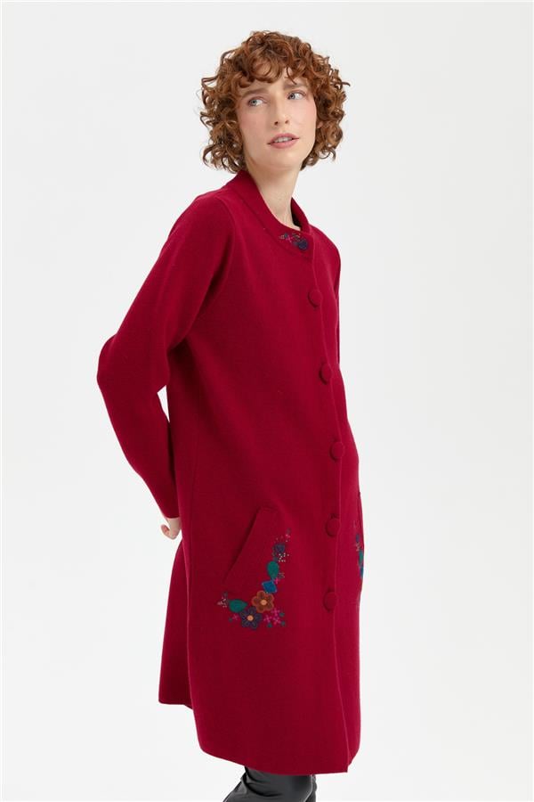Kadın Dik Yaka Cebi İşlemeli Uzun Yün Kaban V.Çürüğü