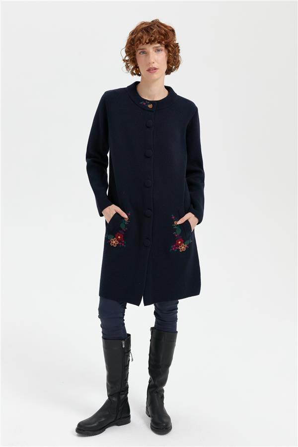 Kadın Dik Yaka Cebi İşlemeli Uzun Yün Kaban K.Lacivert