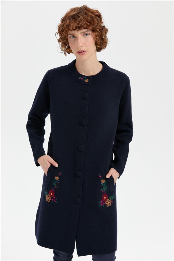 Kadın Dik Yaka Cebi İşlemeli Uzun Yün Kaban K.Lacivert