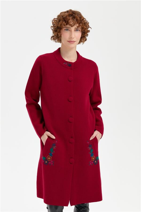 Kadın Dik Yaka Cebi İşlemeli Uzun Yün Kaban V.Çürüğü