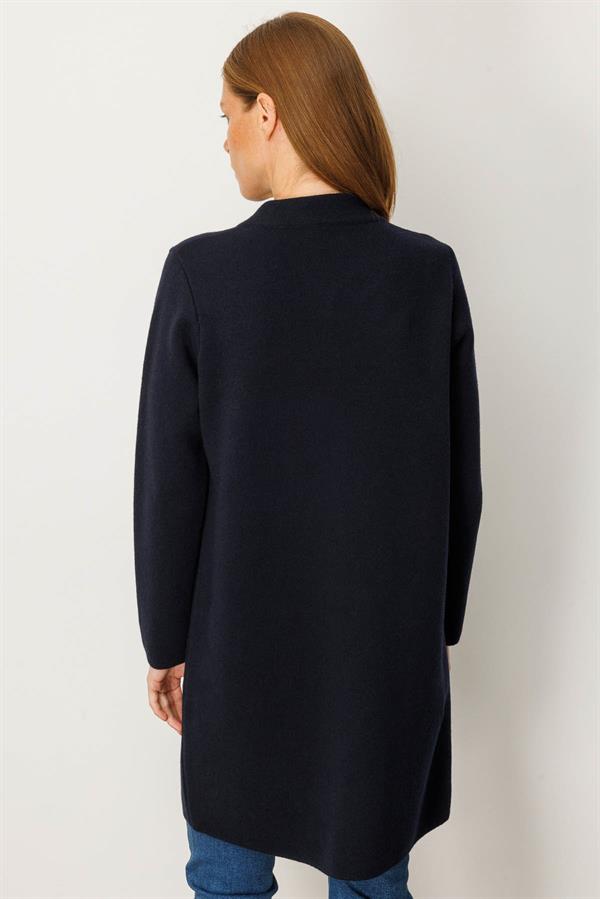 Kadın Dik Yaka Cebi Tığlamalı Uzun Yün Kaban K.Lacivert