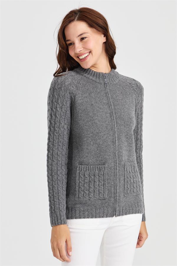 Женская вязаная шерстяная куртка с воротником-стойкой, карманом и рукавами для волос