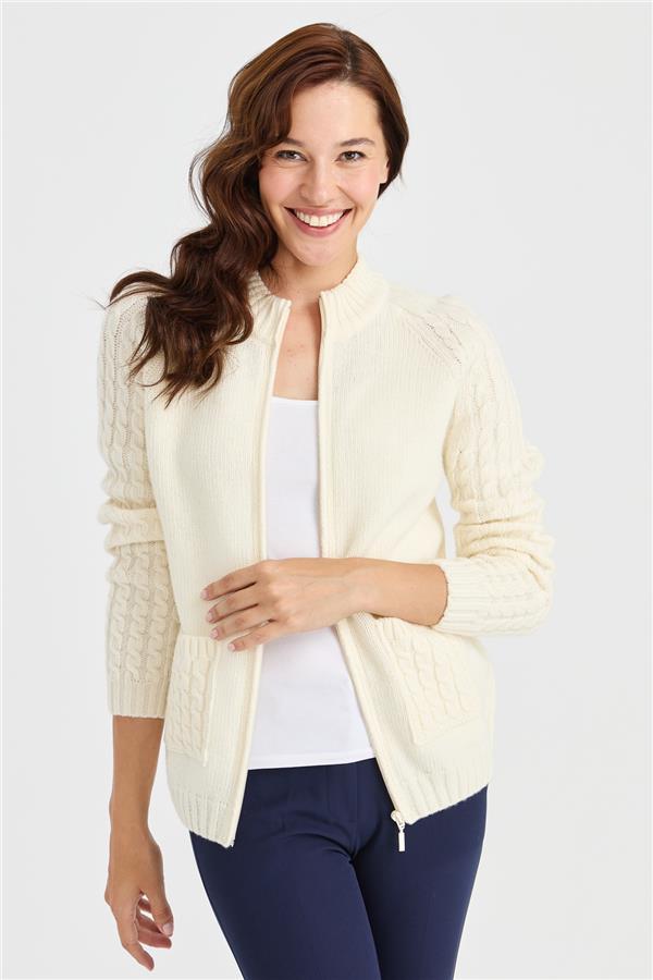 Женская вязаная шерстяная куртка с воротником-стойкой, карманом и рукавами для волос