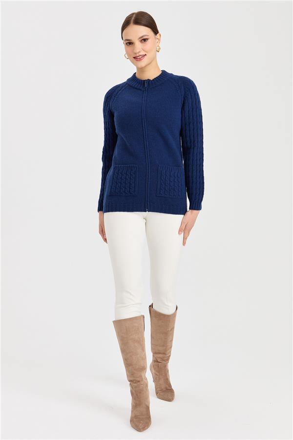 Женская вязаная шерстяная куртка с воротником-стойкой, карманом и рукавами для волос