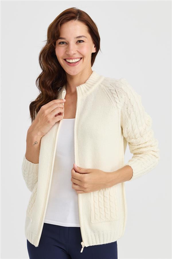 Женская вязаная шерстяная куртка с воротником-стойкой, карманом и рукавами для волос