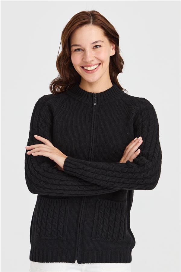 Женская вязаная шерстяная куртка с воротником-стойкой, карманом и рукавами для волос