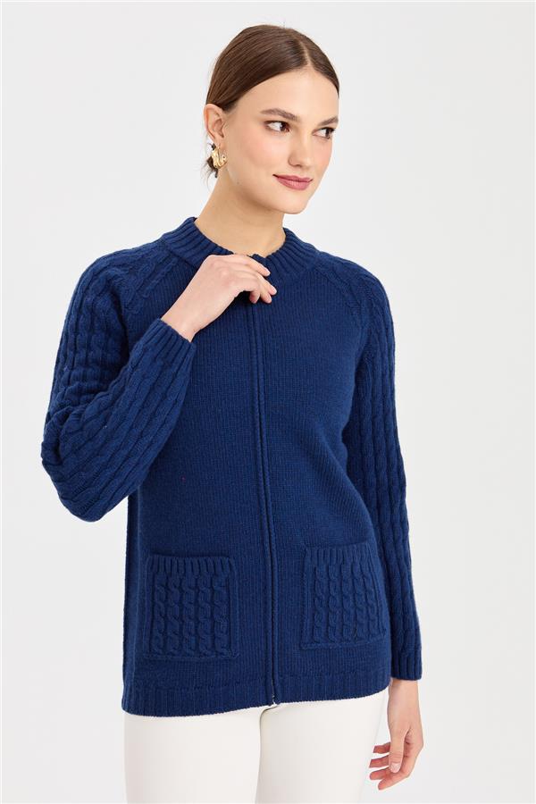 Женская вязаная шерстяная куртка с воротником-стойкой, карманом и рукавами для волос