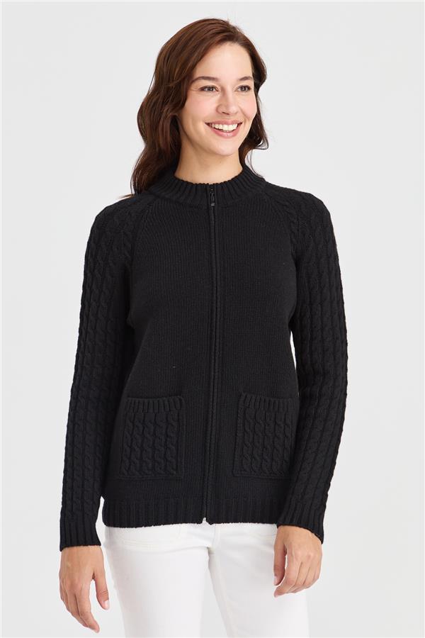 Женская вязаная шерстяная куртка с воротником-стойкой, карманом и рукавами для волос