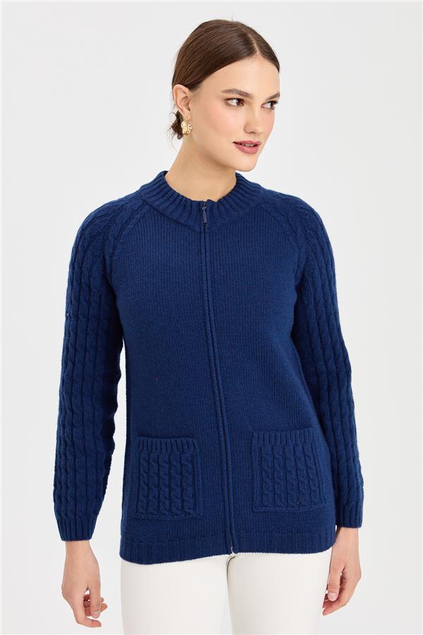 Женская вязаная шерстяная куртка с воротником-стойкой, карманом и рукавами для волос