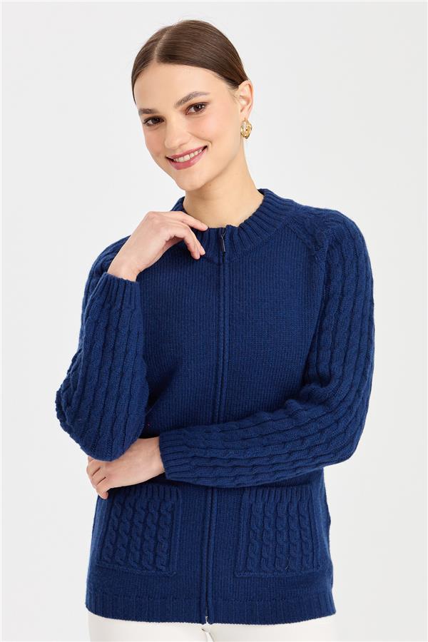 Женская вязаная шерстяная куртка с воротником-стойкой, карманом и рукавами для волос