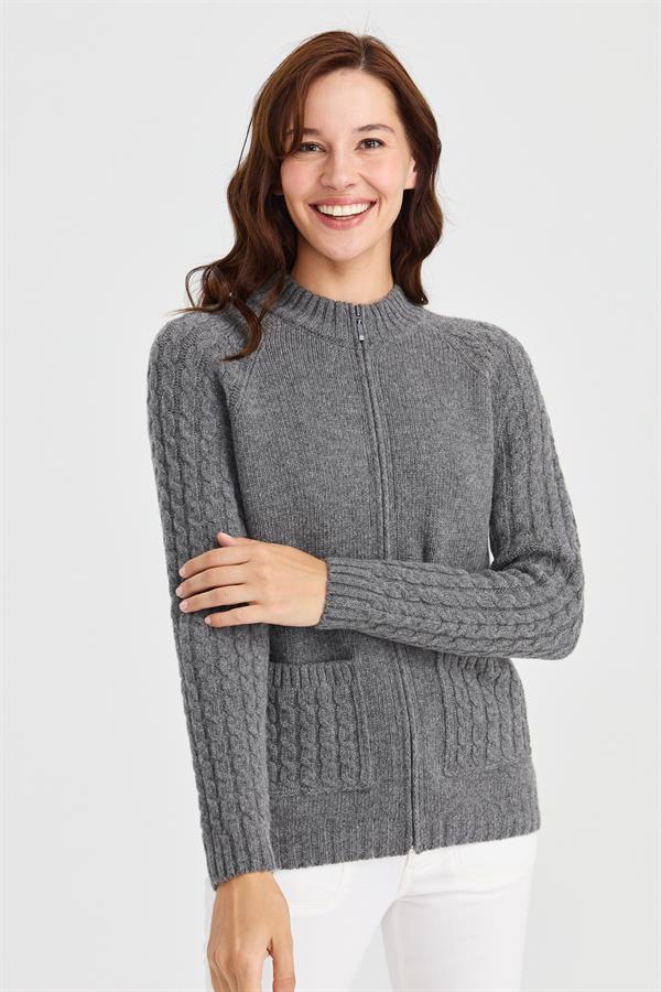 Женская вязаная шерстяная куртка с воротником-стойкой, карманом и рукавами для волос