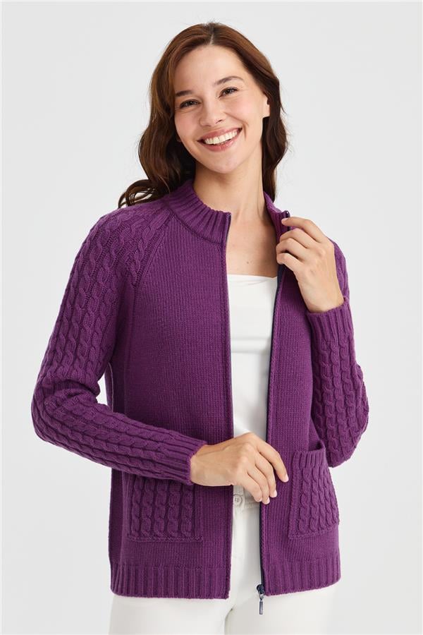 Женская вязаная шерстяная куртка с воротником-стойкой, карманом и рукавами для волос