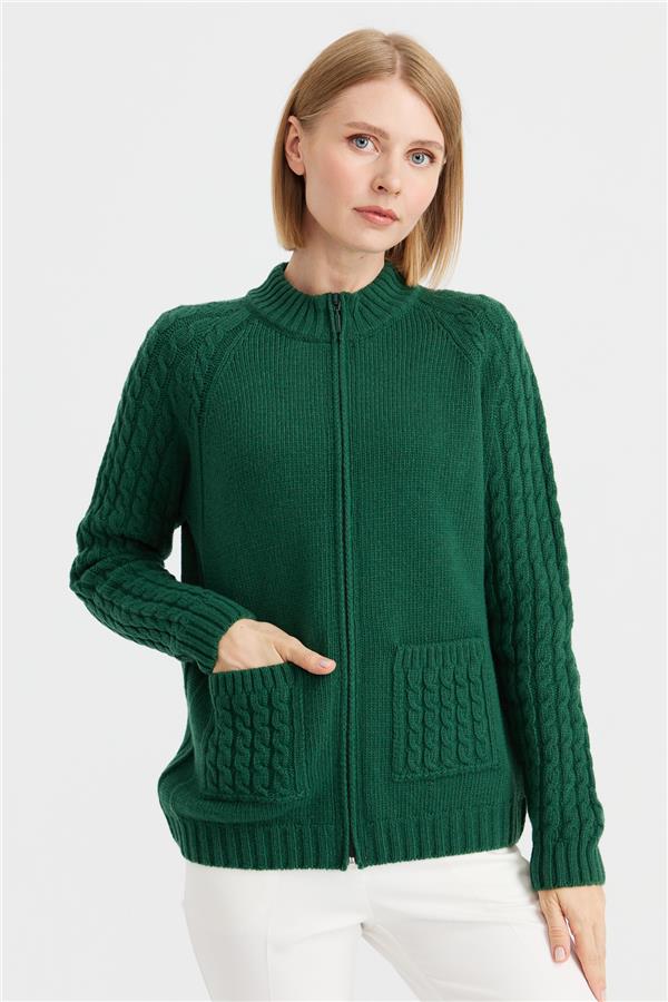 Женская вязаная шерстяная куртка с воротником-стойкой, карманом и рукавами для волос