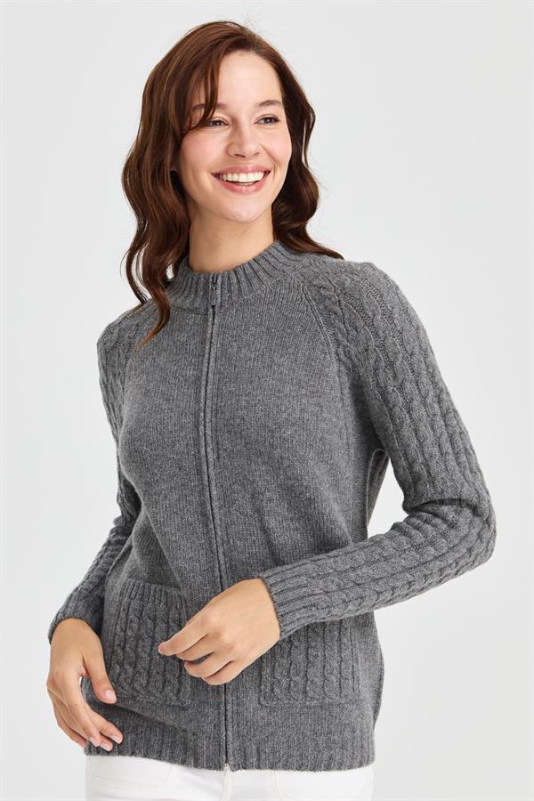 Женская вязаная шерстяная куртка с воротником-стойкой, карманом и рукавами для волос