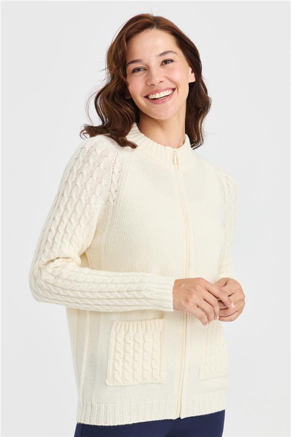 Женская вязаная шерстяная куртка с воротником-стойкой, карманом и рукавами для волос