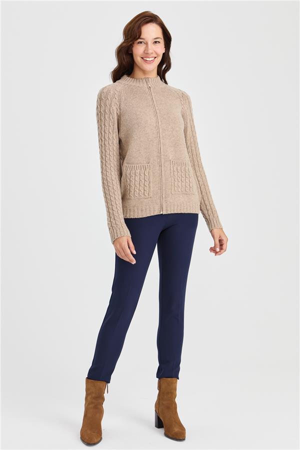 Женская вязаная шерстяная куртка с воротником-стойкой, карманом и рукавами для волос