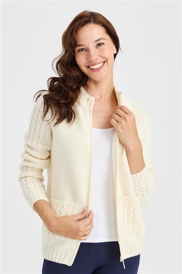 Женская вязаная шерстяная куртка с воротником-стойкой, карманом и рукавами для волос