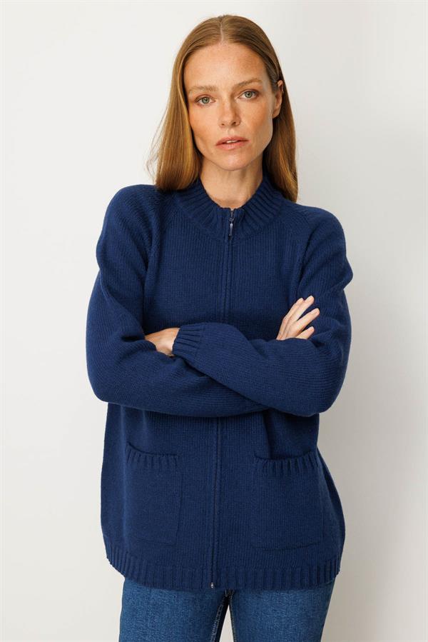 Kadın Dik Yaka Cepli Basic Yün Ceket İndigo