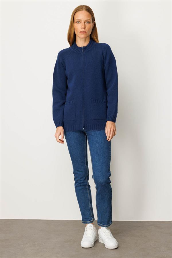 Kadın Dik Yaka Cepli Basic Yün Ceket İndigo